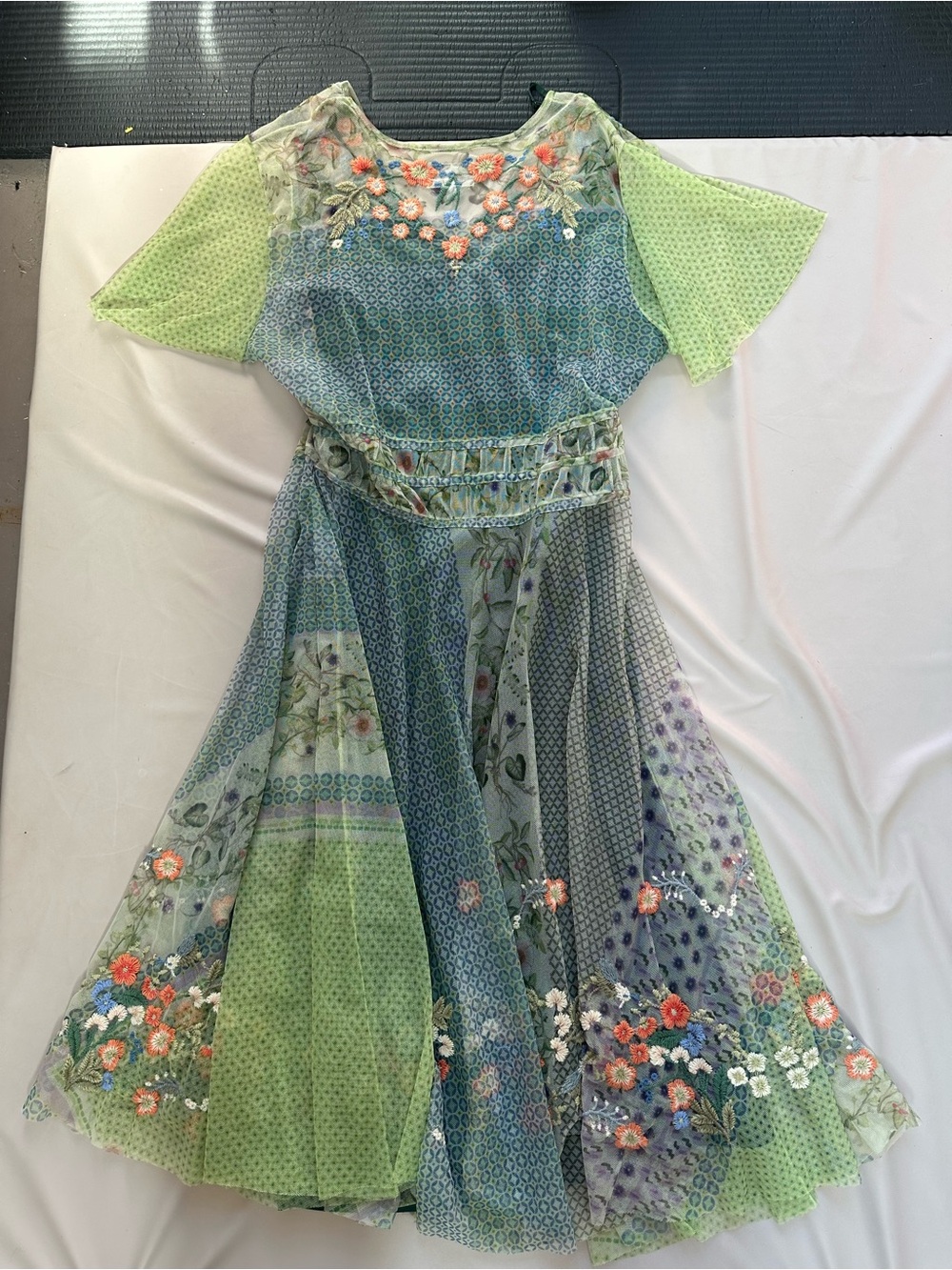 Johnny Was Sheer Floral Embroidered Top in Coral, Blue and Green - Picture 6 of 11